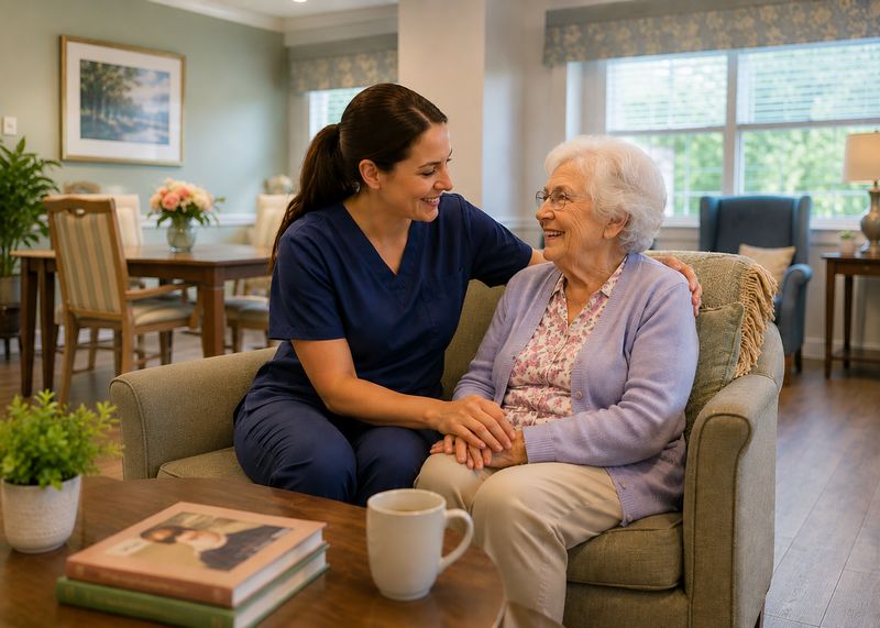 Caring staff with resident at Landmark of Richton Park